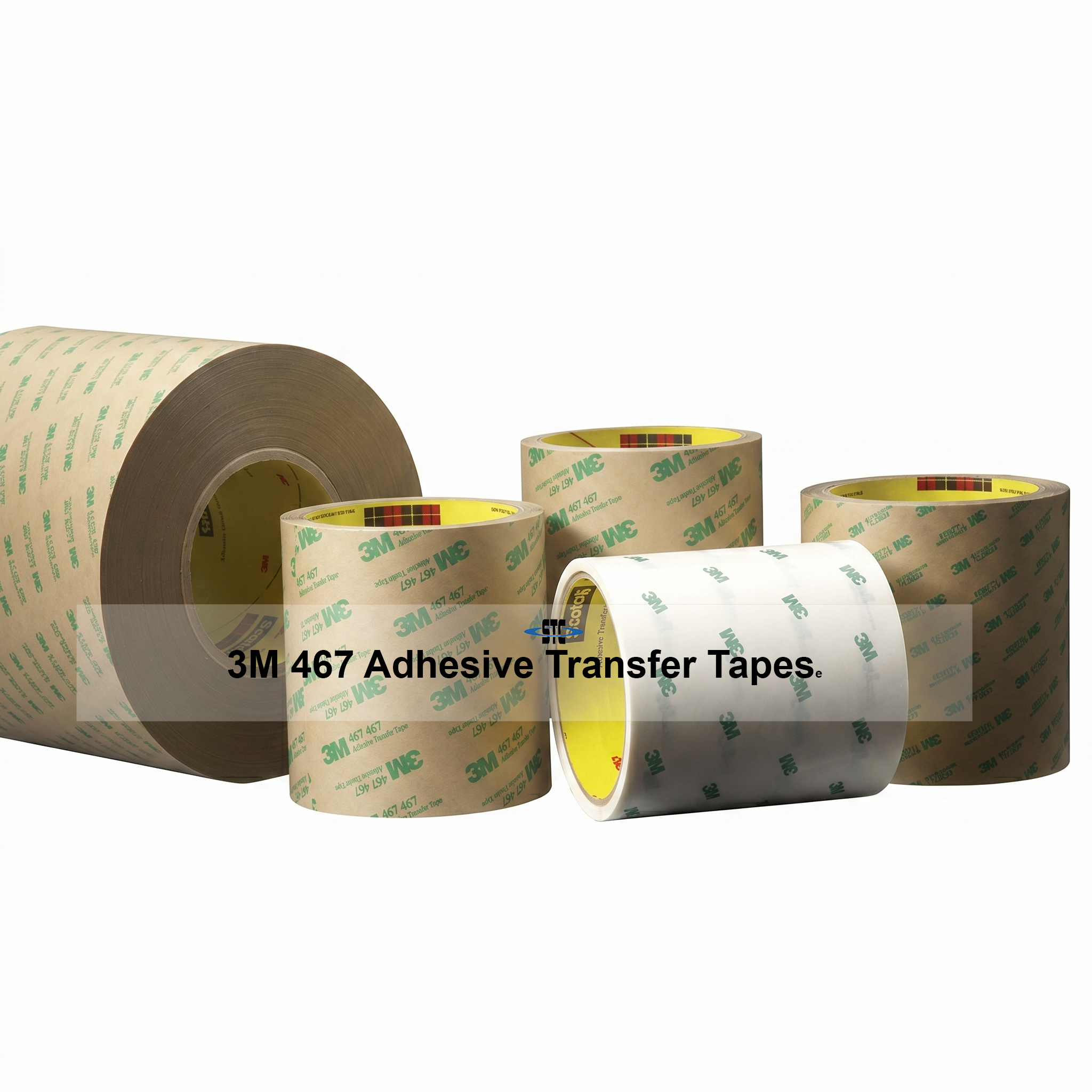 3M 467MP Adhesive Transfer Tape rolls in various widths on a clean white background, showcasing the 200MP high-performance acrylic adhesive and printed 3M liner.