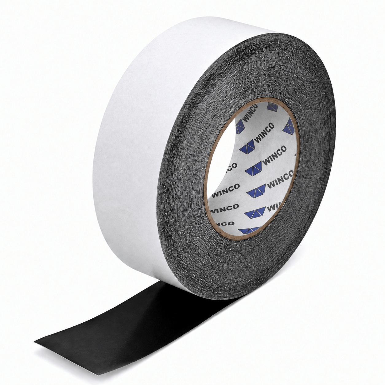 Roll of  ST-434 Winco black splicing tape on a white background
