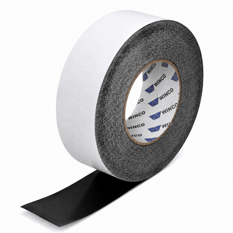 Roll of  ST-434 Winco black splicing tape on a white background